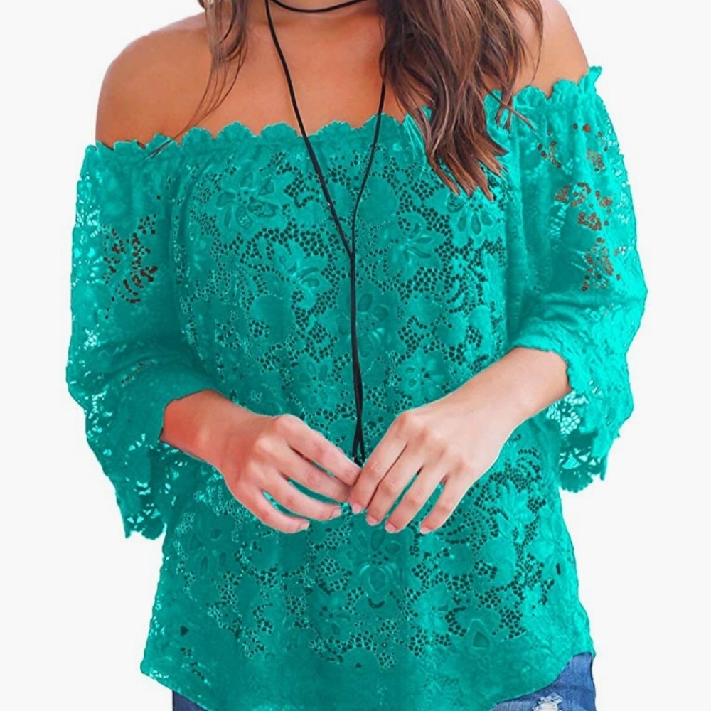 MIHOLL Women's Lace Off Shoulder Tops Casual Loose Blouse Shirts green xl